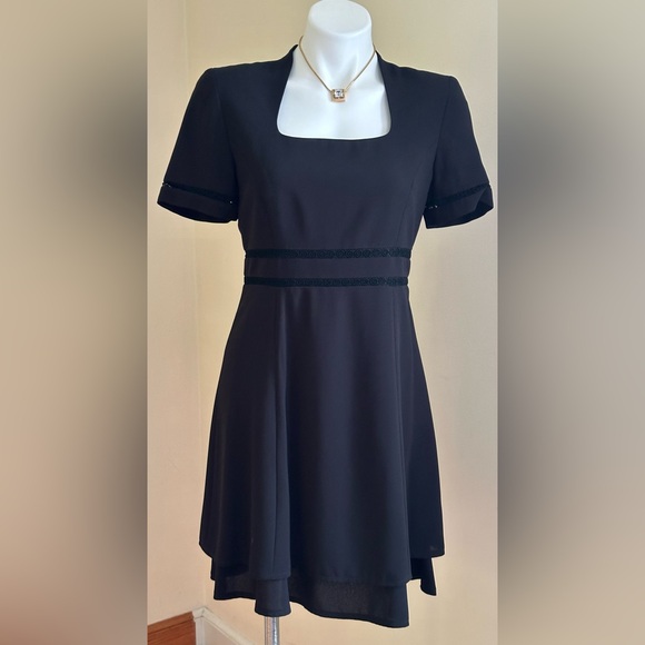 Liz Claiborne Black Midi Dress Square Neck Striped Lace Sleeves & Waist Sz P8 - Picture 1 of 16